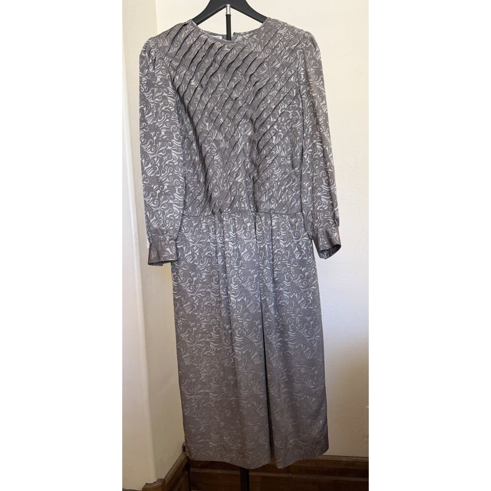 Vintage 80s Cassis 100% Silk Pleated Midi Dress Gray Jacquard Paisley 12